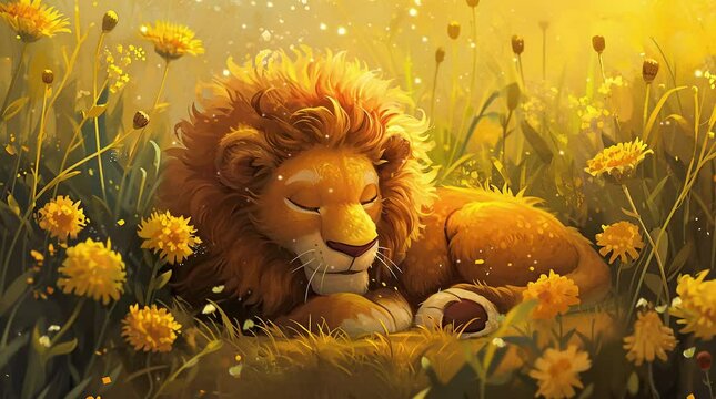 Majestic lion resting peacefully amidst a vibrant flower field on a sunny day Seamless looping 4k time-lapse virtual video animation background. Generated AI