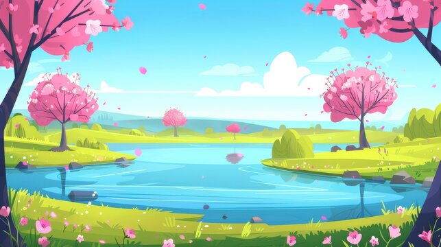 An illustration of a spring landscape with pink blossoming trees surrounding a lake. A natural scene with blue water in a pond, green grass, wildflowers and bushes, and a cloudy sky.
