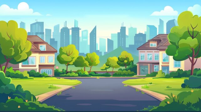 The cartoon modern landscape shows a house on a street with yards and trees, a road and driveway against the silhouette of a high rise building.