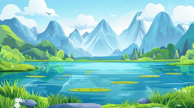 Sunny day scene near a lake at the foot of mountains with blue water, green grass and bushes, a water lily, peaks of the mountains, and clouds in the sky. Cartoon modern landscape.