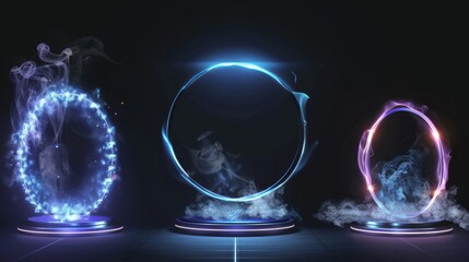 Futuristic cyberpunk round port with ray and fog on a white neon game portal with smoke and glow effects. Modern illustration set of magic teleport podium with beams and steam.