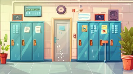 In this cartoon interior elements set, lockers with closed doors, water flowing over a sink, a noticeboard with announcements and bulletins, a bell, a wall clock, a speaker, and a plant are