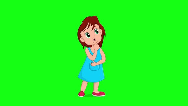 Cartoon girl thinking, expressions, puzzled, solving problem, thinks, idea, green screen 2d animation
