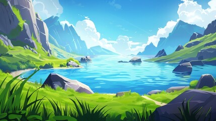 Cartoon summer natural landscape with rocky hills on horizon. Pond beach with grassland under blue sky with clouds. Blue water in a lake or river by foot of mountains with green grass and path on - obrazy, fototapety, plakaty