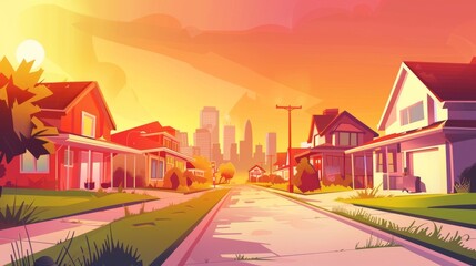 The streetscape of a village against the backdrop of a sunset city. Modern cartoon illustration showing a rural alley with a green lawn, modern skyscrapers, pink and orange sky, sun on the horizon, a - obrazy, fototapety, plakaty
