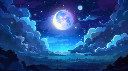 The full moon glistens in the night sky. Modern illustration of a midnight cloudscape, stars shimmering in darkness, bright moonlight in space, midnight skyline, mysterious atmosphere.