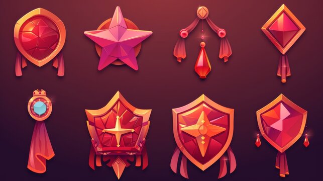 Game level rank badge with star and stages of decoration evolution. Cartoon modern illustration set of red trophy medal with gemstones and drapery progression.