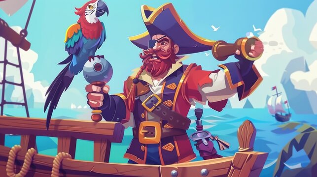Pirate wearing tricorn hat, holding parrot, balancing bomb on wooden deck of ship in open sea. Cartoon modern illustration of pirate captain in tricorn hat with funny bird.