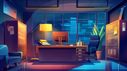 Cartoon modern illustration of an empty, dark bank office interior at night, with a computer and lamp on the manager's table, a cash register with glass wall, a cabinet with documents, and a sofa.