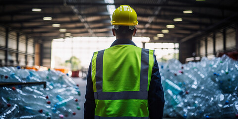 A worker sorting plastics at a recycling center. Recycling plant, Plastic materials, Eco-conscious, Recycling process, Waste reduction - obrazy, fototapety, plakaty