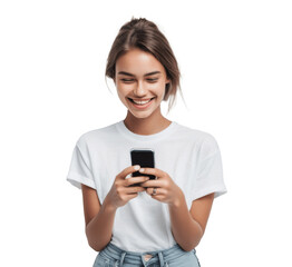 Fototapeta premium woman with mobile phone isolated on transparent background