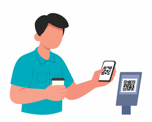 Man customer pay using QR code contactless payment by mobile phone vector illustration