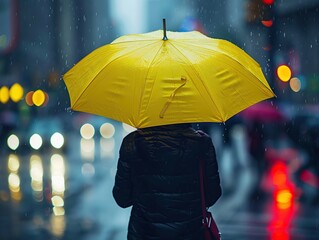 a Woman with yellow umbrella walking in the rain on a rainy day
