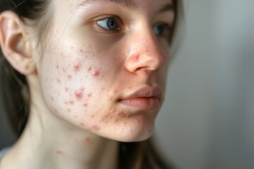 
Photo of a girl with acne breakouts on their chin and forehead, demonstrating the severity of acne flare-ups