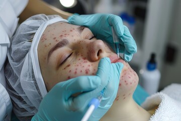A young woman undergoing acne treatment, showcasing skincare products and topical medications - obrazy, fototapety, plakaty