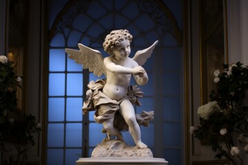 Fototapeta premium Photo of an ancient sculpture of Cupid, showcasing exquisite craftsmanship, in a museum setting.