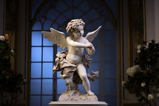 
Photo of an ancient sculpture of Cupid, showcasing exquisite craftsmanship, in a museum setting.