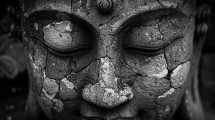 Fototapeta na wymiar close-up on the face of a buddhas statue made out of stone - black and white photo
