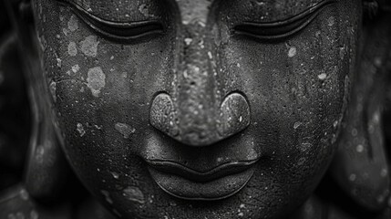 close-up on the face of a buddhas statue made out of stone - black and white photo