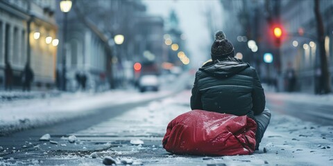 Obraz premium Person sitting on the street in cold weather, suggesting homelessness.