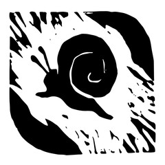 Linocut illustration of grapevine snail emblem. Vector grape helix drawing. Linoleum print texture. Cochlea logo design. Slug symbol design. Engraved snails icon. - 757743108