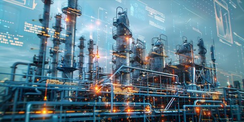 Industrial chemical plant with futuristic data analytics visualization.