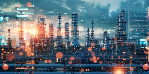 Industrial chemical plant with futuristic data analytics visualization.