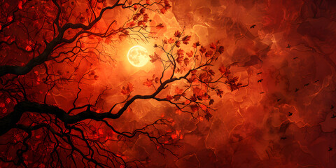 Halloween background with red moon and dead tree,horror forest background, full moon above trees, apocalyptic scene with autumn leaves.  