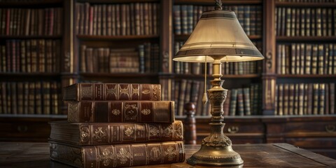 Stack of books with a lamp on a table in a library.