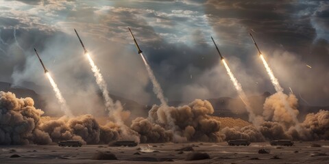 Missile launch from multiple launchers with smoke and fire. - obrazy, fototapety, plakaty