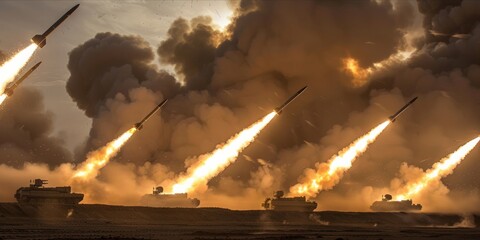 Missile launch from multiple launchers with smoke and fire. - obrazy, fototapety, plakaty