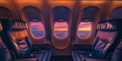Airplane cabin with comfortable seating and sunset view through windows.