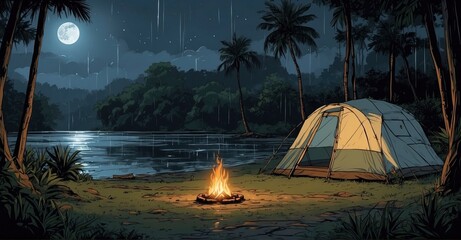 The quiet night broken only by the gentle rain on the tent, a perfect setting for peaceful meditation. - obrazy, fototapety, plakaty