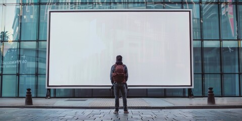 Man standing in front of a blank outdoor billboard.