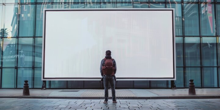 Man standing in front of a blank outdoor billboard.