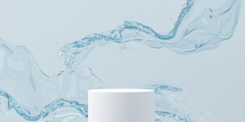 3d cosmetic background. 3d podium with abstract water splash blue background for cosmetic, perfume, and product presentation. 3d rendering illustration.