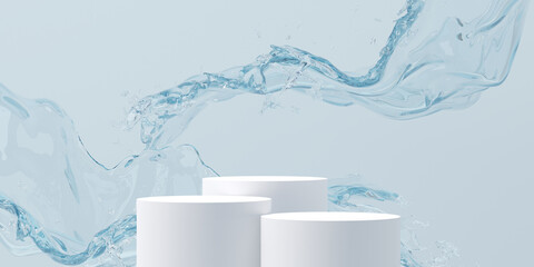 3d realistic cosmetic background. 3d podium with abstract water splash blue background for cosmetic, perfume, and product presentation. 3d illustration.