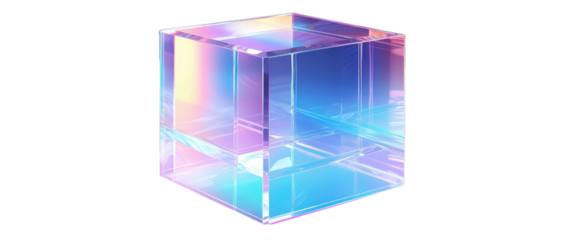 3d crystal glass cubes with refraction and holographic effect isolated on transparent or white background