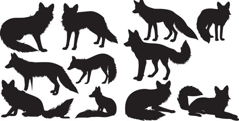 Wild red fox black vector silhouette set isolated on white stock illustration