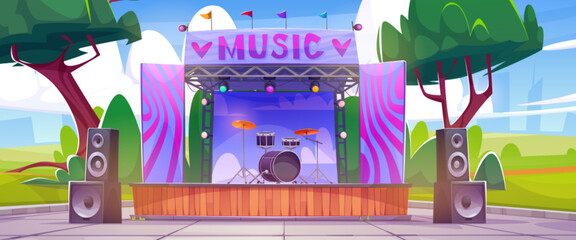 Open air music festival in city park with drums on stage and loudspeakers. Cartoon vector illustration of summer urban garden landscape with stage for band performance, green trees and fan zone. - obrazy, fototapety, plakaty