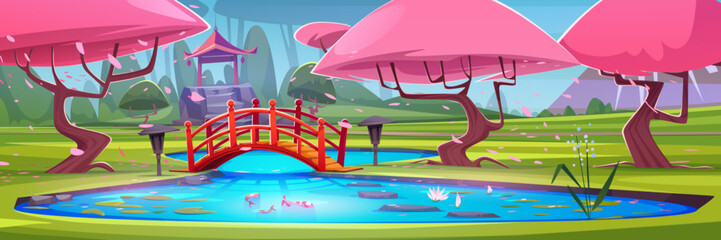 Japanese city park with koi fishes and lotus in pond, wooden bridge, pink flowering sakura trees and traditional shape gazebo. Cartoon vector illustration of spring landscape with blossom cherry. - obrazy, fototapety, plakaty