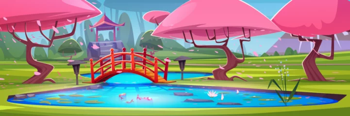 Poster Japanese city park with koi fishes and lotus in pond, wooden bridge, pink flowering sakura trees and traditional shape gazebo. Cartoon vector illustration of spring landscape with blossom cherry. © klyaksun
