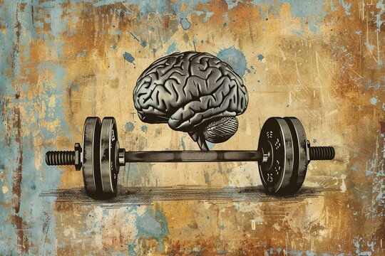 Human brain lifting dumbbell. Mind training concept illustration