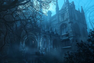Obraz premium Spooky old gothic castle, foggy night, haunted mansion, illustration