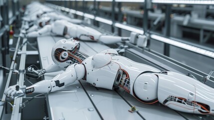 human like robots lying on a conveyor belt in an asembly factory