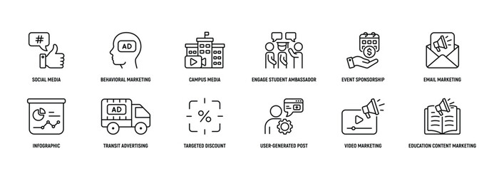 Campus Marketing icon Line Icon Set, Editable Stroke. Social, Media, Behavioral, Marketing, Campus, Media, Engage, Strategy.