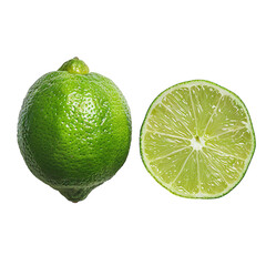 Whole and sliced lime with fresh green texture isolated on transparent background PNG. Studio food photography with close-up detail. Healthy eating concept. Design for menu, recipe book, food blog