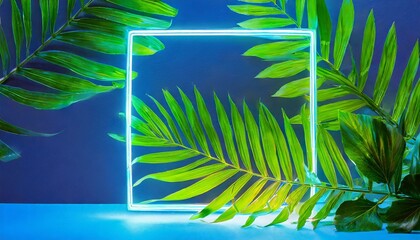 Neon Jungle Vibes: Close-Up of Trendy Lights with Green Palm Leaves on Blue