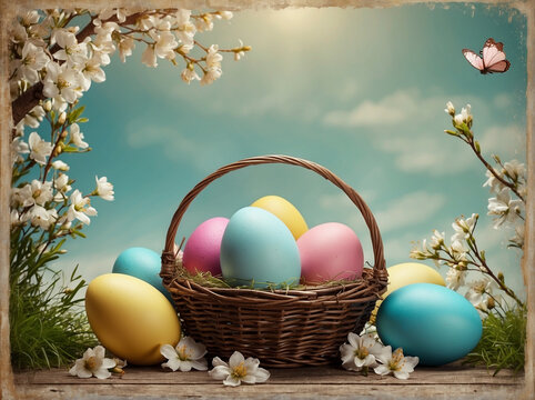 Colorful Easter Eggs Basket, Spring Celebration, Holiday Greeting, Still Life, Realistic, Poster, Flyer, Card, Copy Space