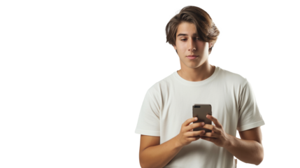 young boy using smartphone isolated on transparent background, person with mobile cutout 